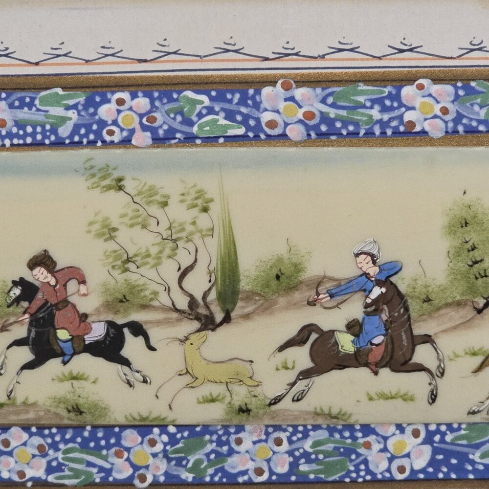 Vintage Persian Miniature Painting of Polo Scene In Khatam Frame - Picture 4 of 11
